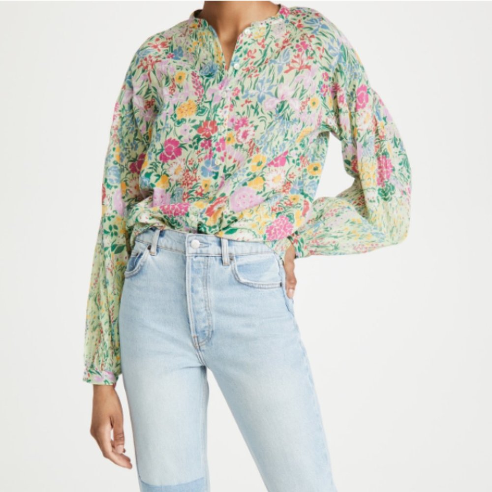 Banjanan Green Ella Floral Balloon Sleeve Cotton Blouse Womens Small